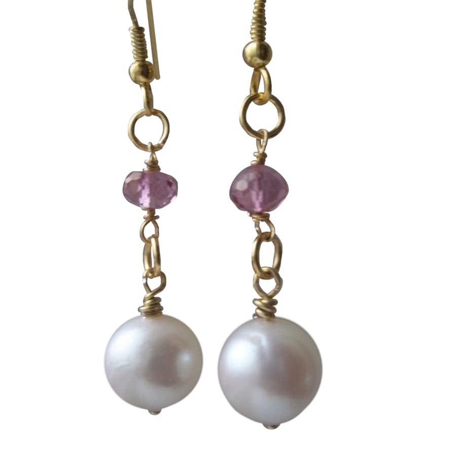 Pink Topaz and Pearl Earrings