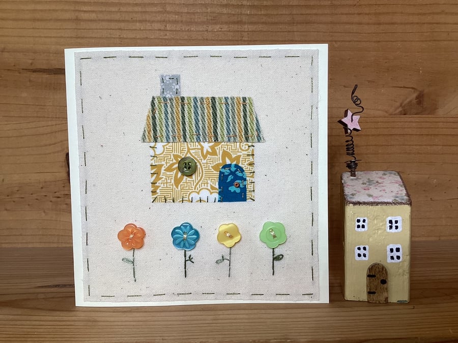Little Bright Stitched Cottage hand embroidered card