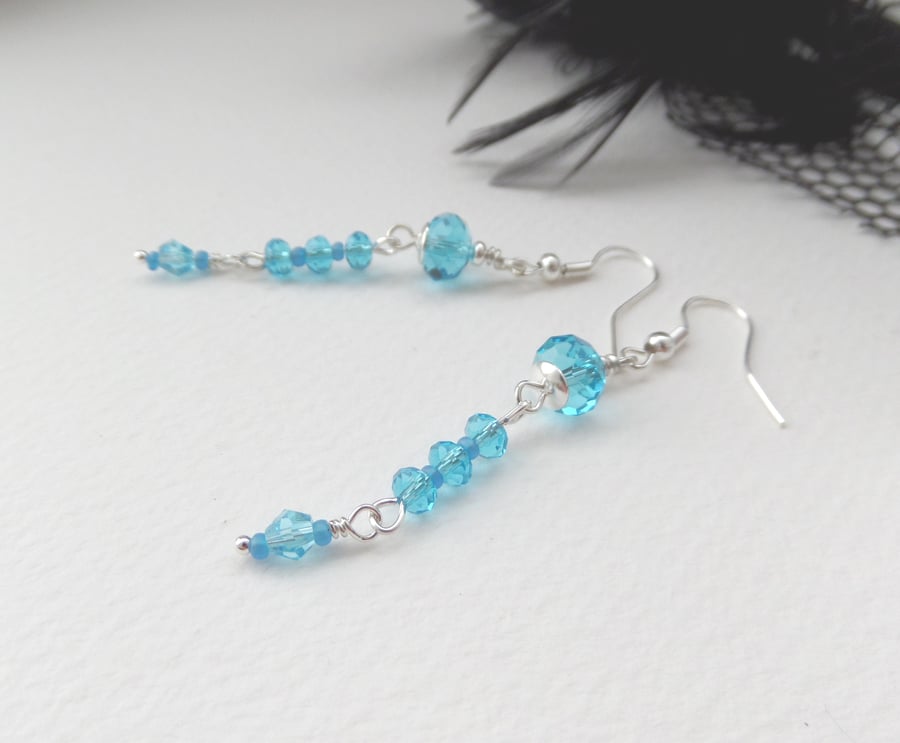 Turquoise Silver Earrings, Medium Length Crystal Dangle Earrings