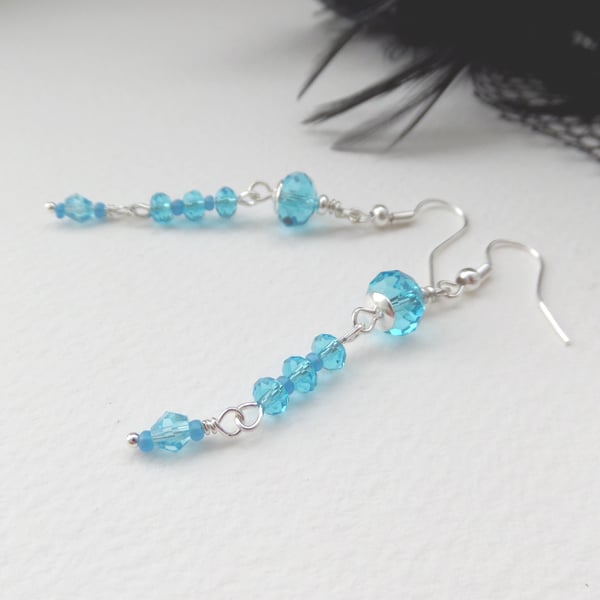 Turquoise Silver Earrings, Medium Length Crystal Dangle Earrings