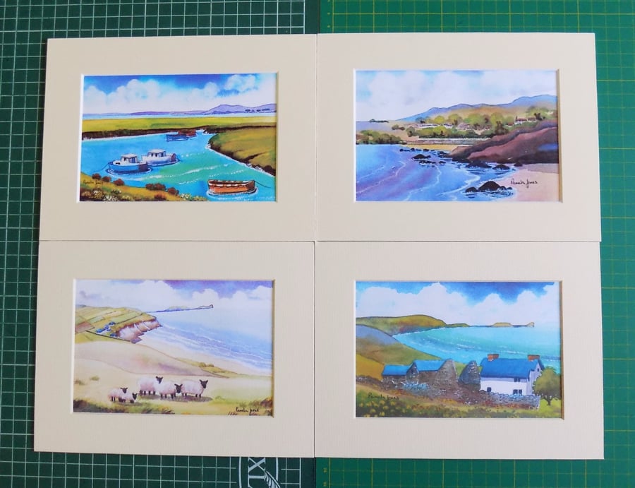 Set of 4, Watercolour Prints of Gower, in 8 x 6 '' Mounts