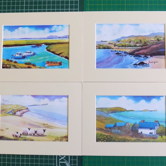 Set of 4, Watercolour Prints of Gower, in 8 x 6 '' Mounts