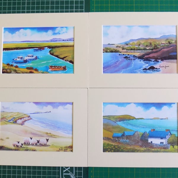 Set of 4, Watercolour Prints of Gower, in 8 x 6 '' Mounts