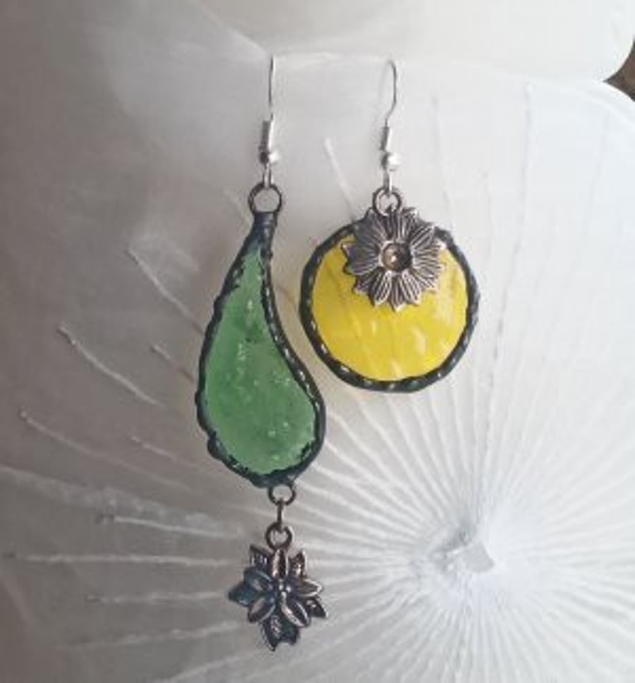 "Colours of Summer" stained glass and Tibetan silver asymmetric earrings 