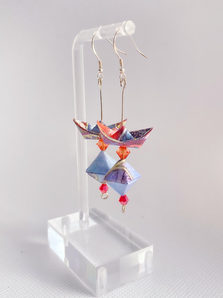 Paper Boat with Diamond Earrings, Origami Earrings, Earrings with Bead