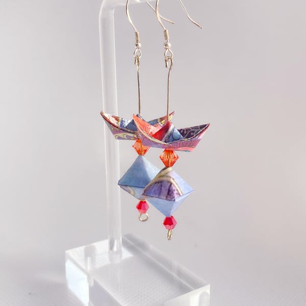 Paper Boat with Diamond Earrings, Origami Earrings, Earrings with Bead