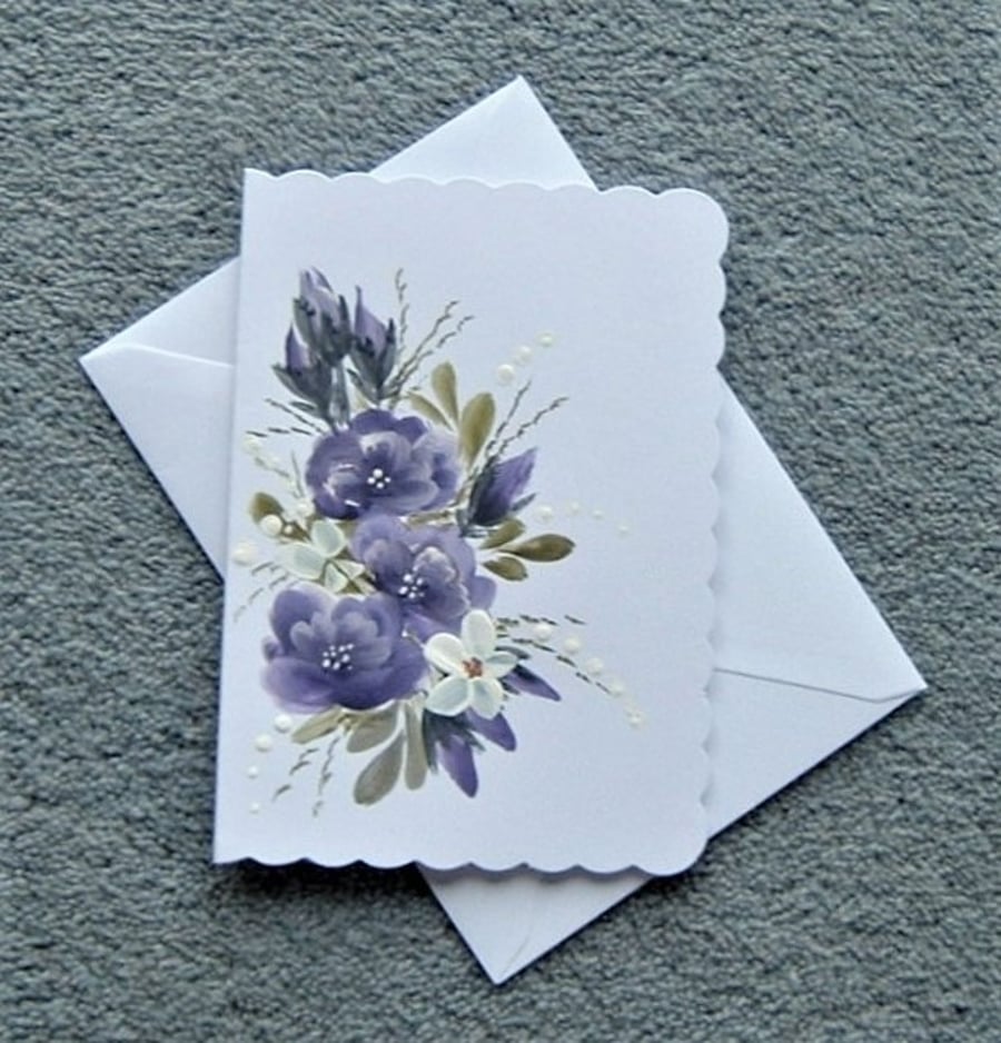 hand painted blank floral greetings card ( ref F 222 )