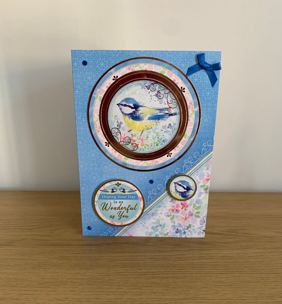 Handmade Blue Tit Gold Foiled Luxury A5 Birthday Card