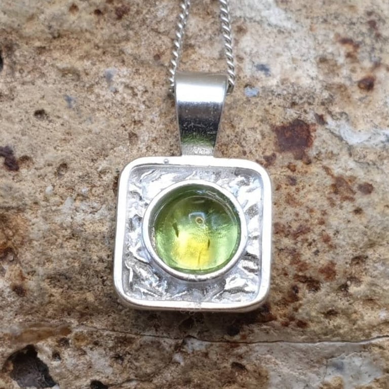 Tiny Square Peridot Pendant. August birthstone jewellery