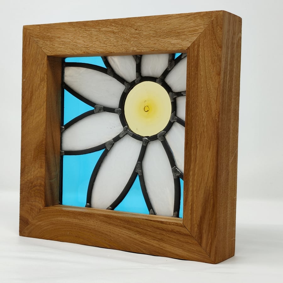 SOLD Framed stained glass white daisy flower leaded panel. 