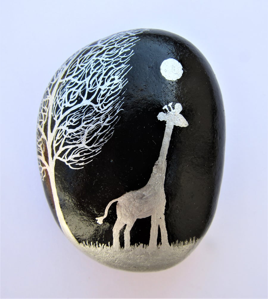 Giraffe Gift, Hand Painted Stone, Animal Art, Rock Painting, Tree Moon Pebble
