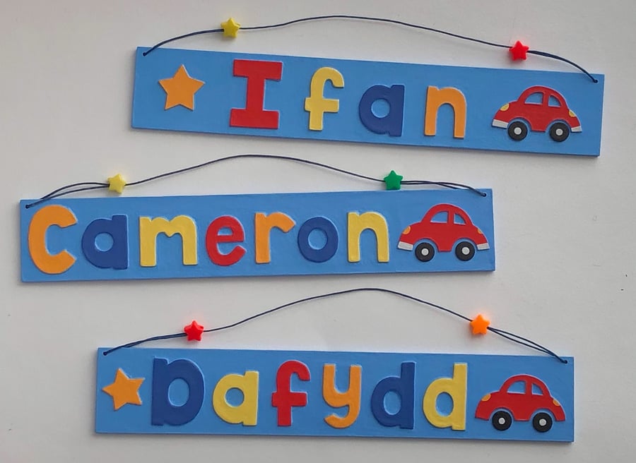 Any Name! Sky Blue Name Plate with Red Car
