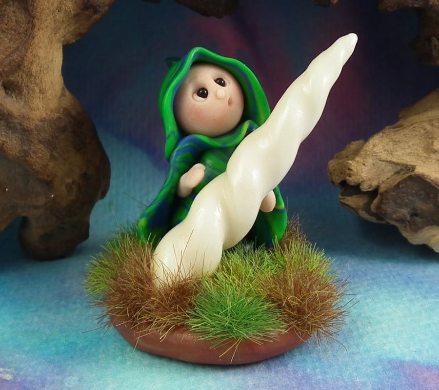 Tiny Magical Forager Gnome 'Flikka' with Unicorn Horn OOAK Sculpt