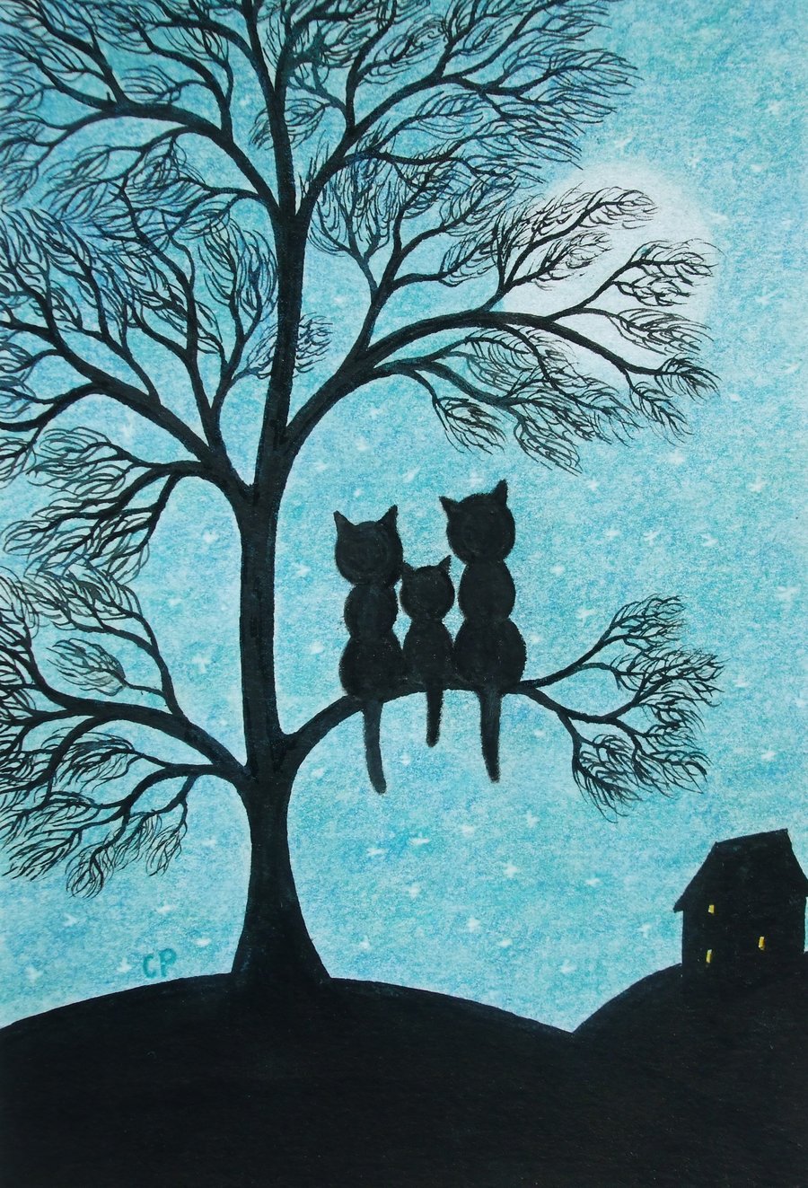 Cat Card, Tree Art Card, Black Cats Moon Card, Family Card, Kitten New Baby Card