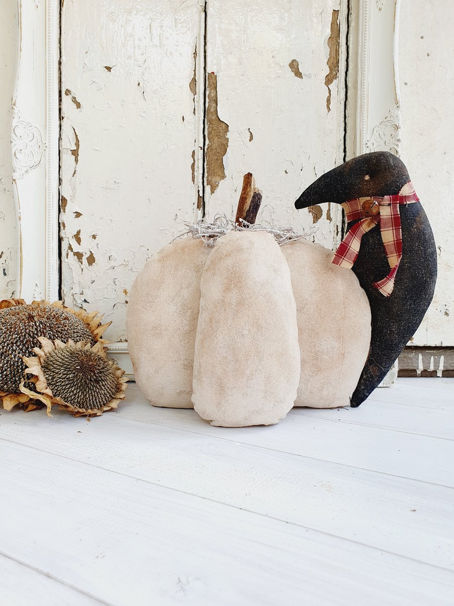 White Primitive Pumpkin decoration with crow