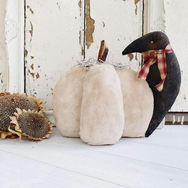 White Primitive Pumpkin decoration with crow