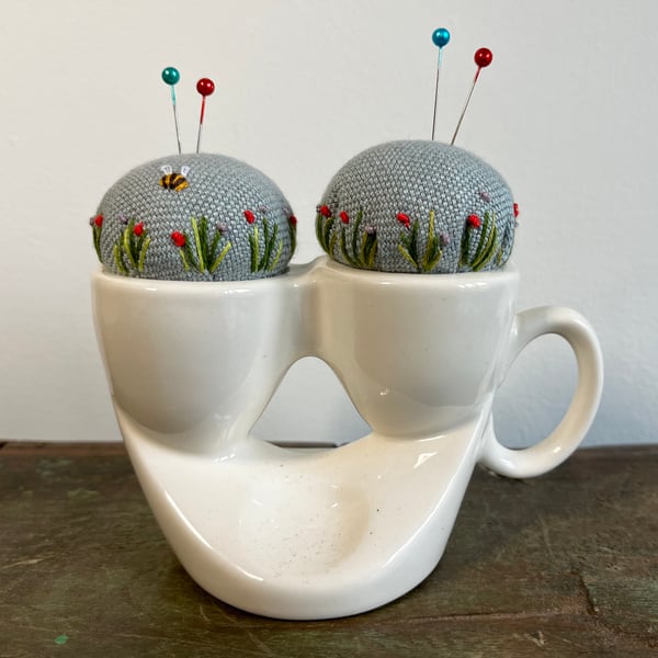 Pin cushion - old white double egg cup - embroidered with bee and flowers