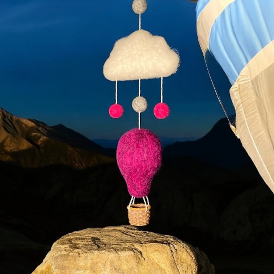 Needle felted hot air balloon wall hanging, mobile, nursery decor