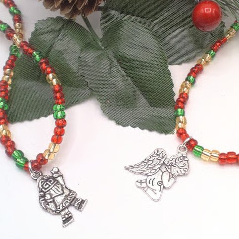 Red Gold and Green Bead Necklace with Silver Plated Christmas Charms, Christmas