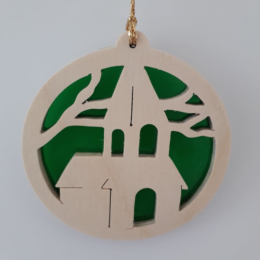 Christmas Tree Decoration or Sun Catcher in Wood and Acrylic (Church)