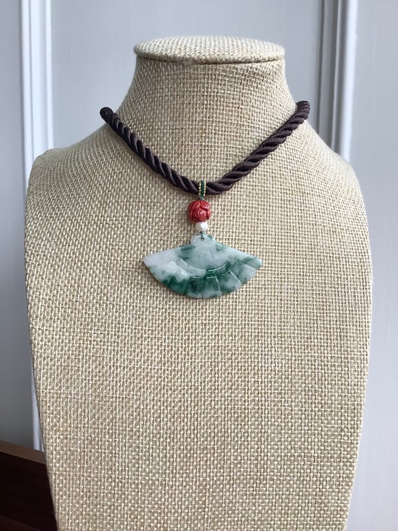Handcrafted Natural Burma Jade Jadeite Fan Pendant Statement necklace 