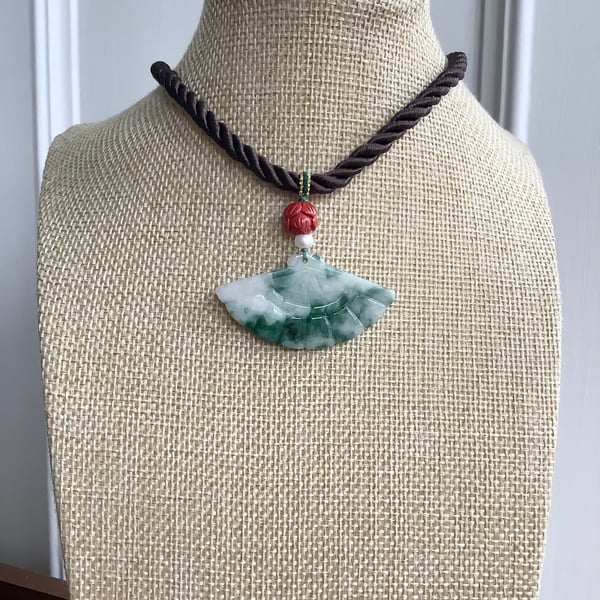 Handcrafted Natural Burma Jade Jadeite Fan Pendant Statement necklace