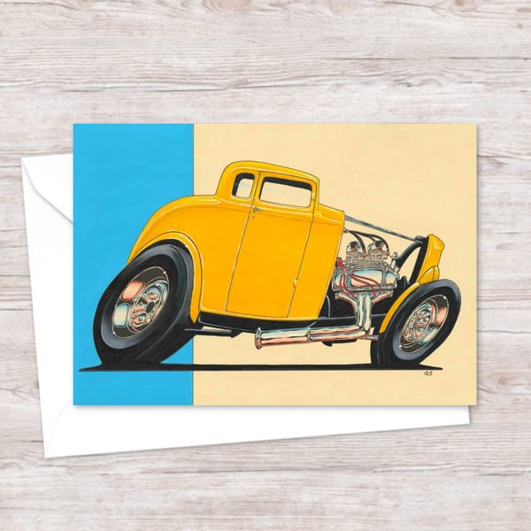 Yellow Hot Rod Greetings Card: Hand Drawn Illustration for a Car Lover (402)