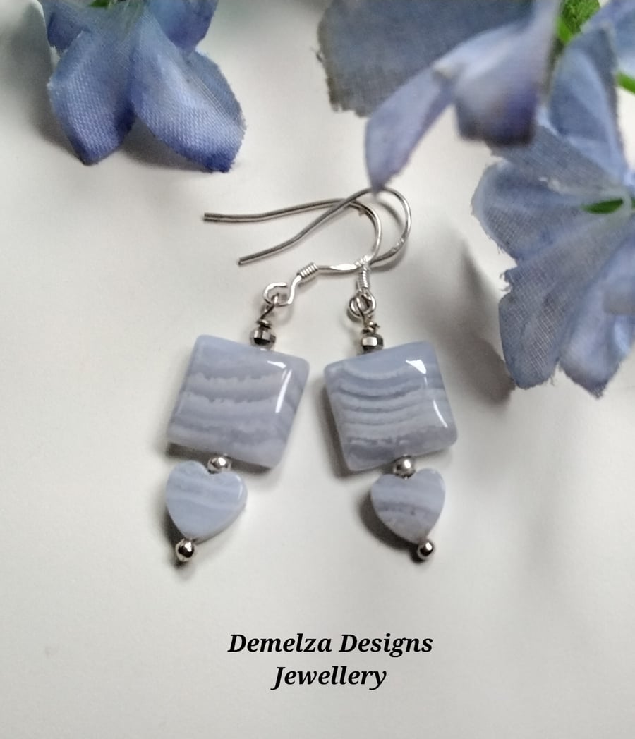 Natural 16.45ct Untreated Blue Lace Agate Sterling Silver Earrings 