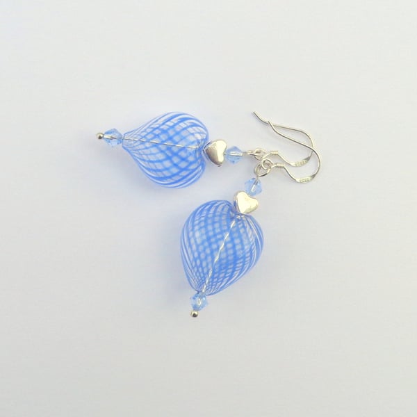 Sky blue hollow swirled glass heart drop earrings