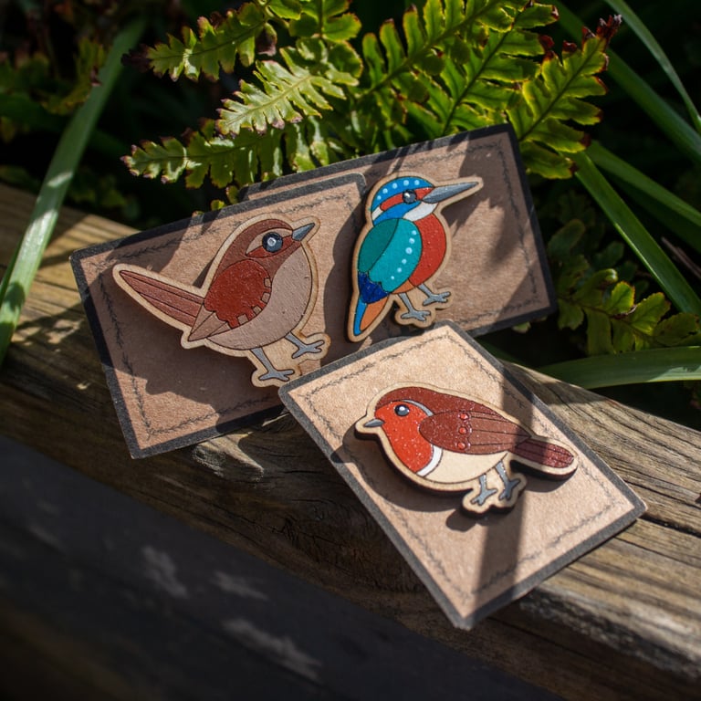 Feathered Friends Wooden Pin Set – Wren, Kingfisher & Robin (Set of 3)