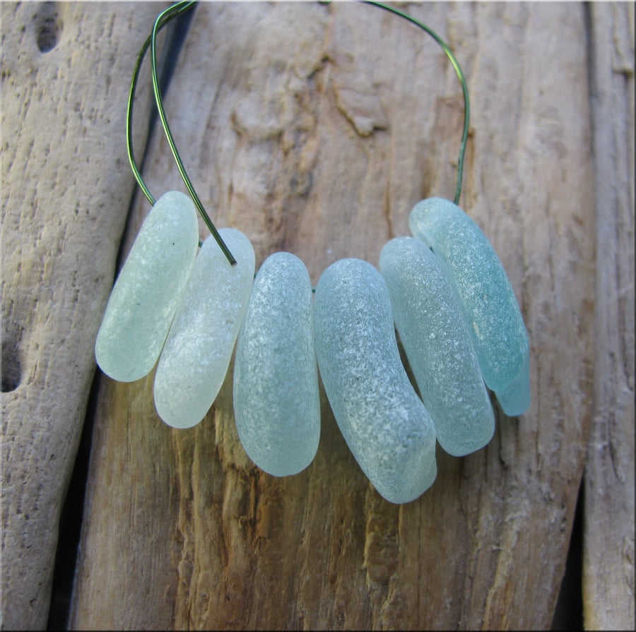 6 Natural sea glass beads-small pendants, top drilled, chunkies , supplies (30)
