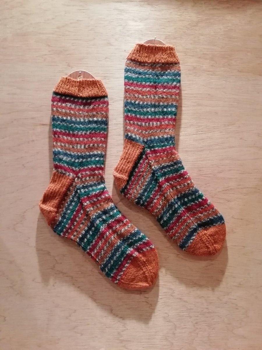 Hand knitted socks, PHEASANT, LARGE, size 9-11