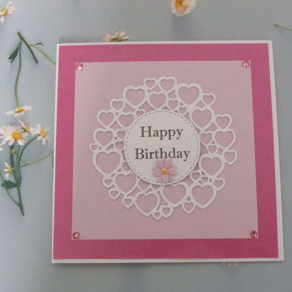 Happy Birthday Card Pink Pearlised & White - Hearts & Flowers 