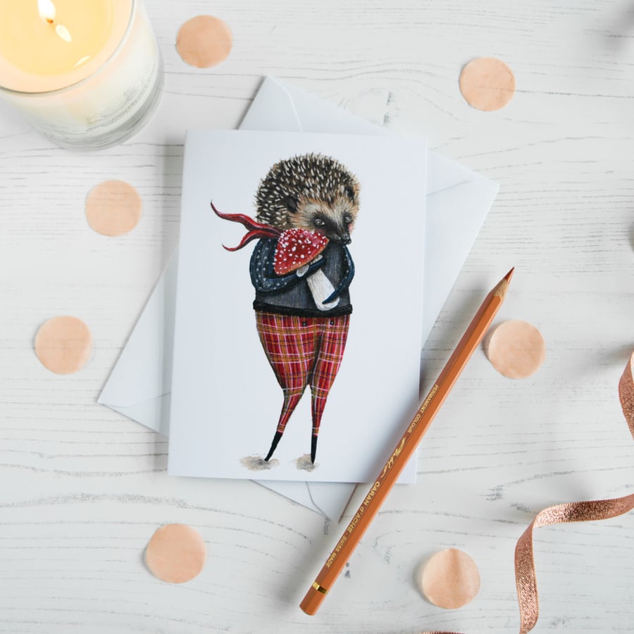 A6 blank note card featuring Herbert the hedgehog with a toadstool. Any occasion