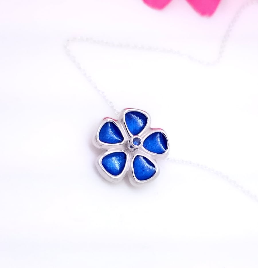 Sterling silver, sapphire and Enamel Flower Pendant
