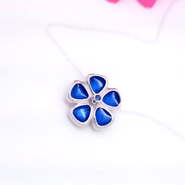 Sterling silver, sapphire and Enamel Flower Pendant