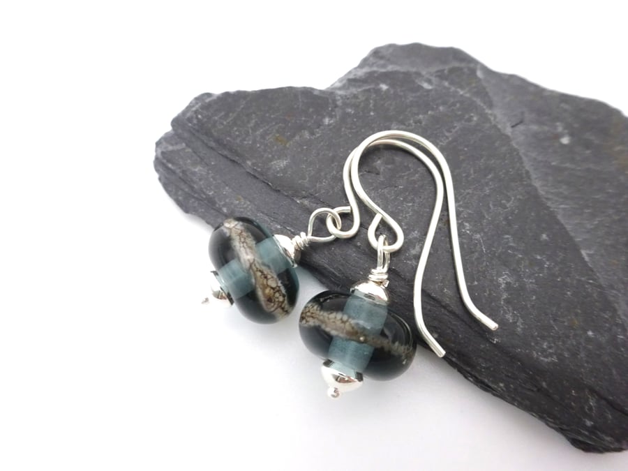 grey lampwork glass earrings, sterling silver jewellery