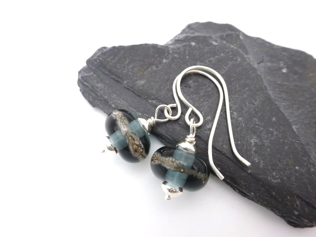 grey lampwork glass earrings, sterling silver jewellery