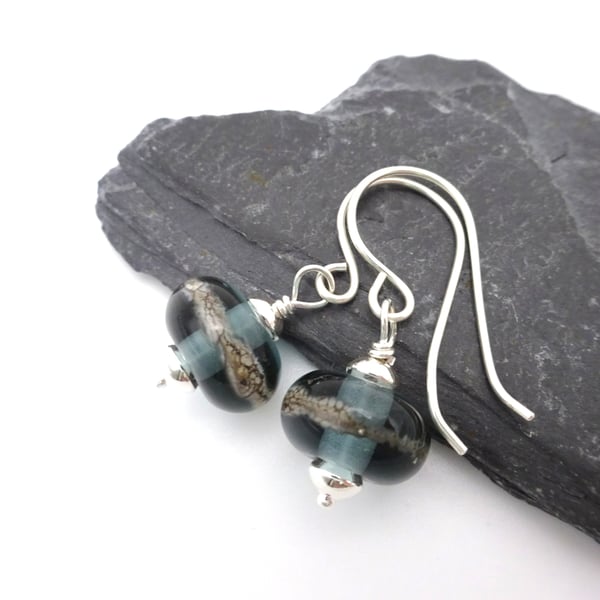 grey lampwork glass earrings, sterling silver jewellery