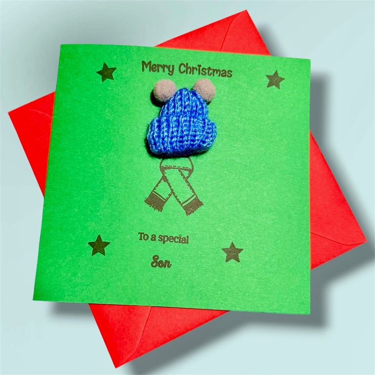 Fun Christmas card for a special son, cute Pom Pom bobble hat. Kids or adults 