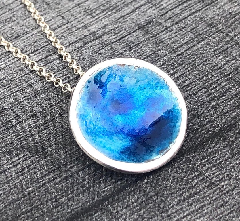 Enamel Pendant, blue enamel pendant, ocean pendant, sea pendant, enamel, round