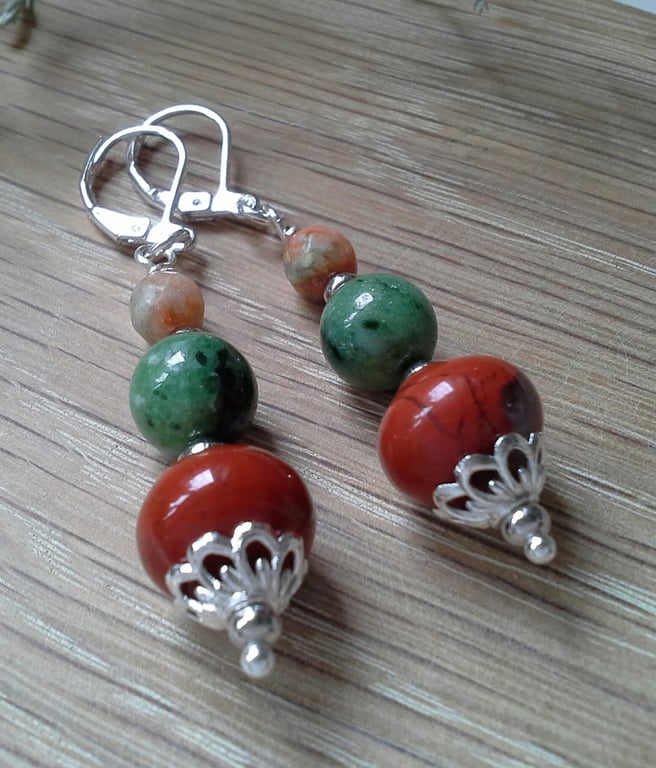 Red Jasper, Zoisite & Agate Earrings Silver Plated Leaver Back