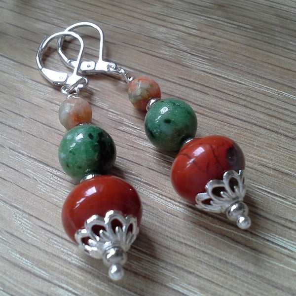 Red Jasper, Zoisite & Agate Earrings Silver Plated Leaver Back