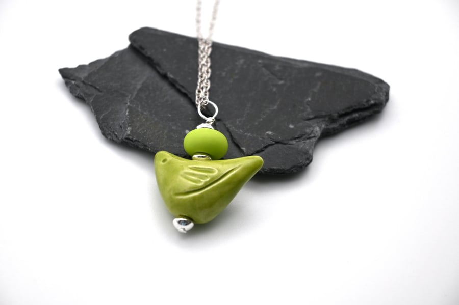 lime green ceramic bird pendant necklace