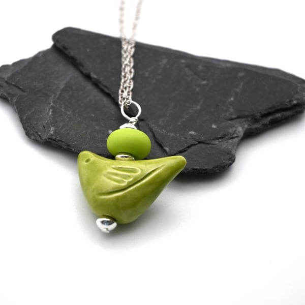lime green ceramic bird pendant necklace