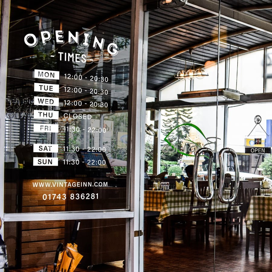 Opening Times - Vintage Sticker: Custom Business Hours Shop Window Sticker 
