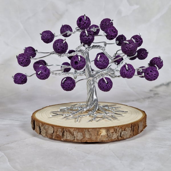 Small Wire Tree with Purple Synthetic Lava Beads on a Wooden Base