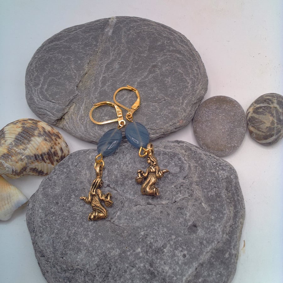  Blue Opaline Bead and Gold Plated Lady Charm Earrings, Valentine Gift