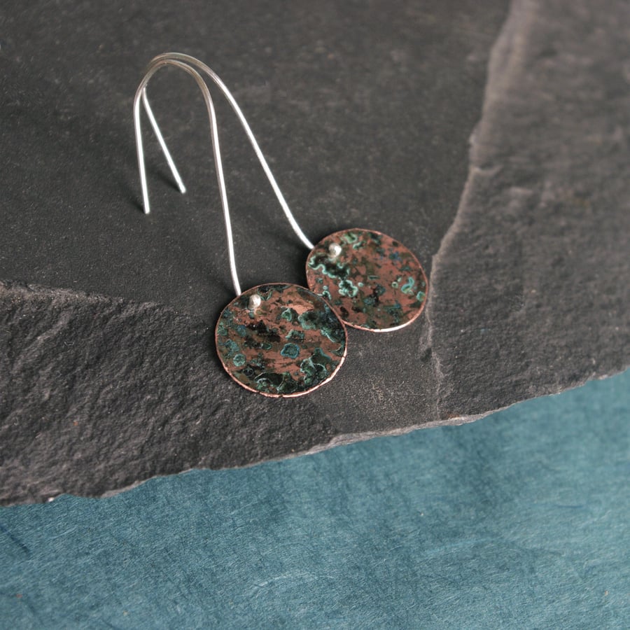 Long Dangle Blue-green and  Copper Circle Earrings