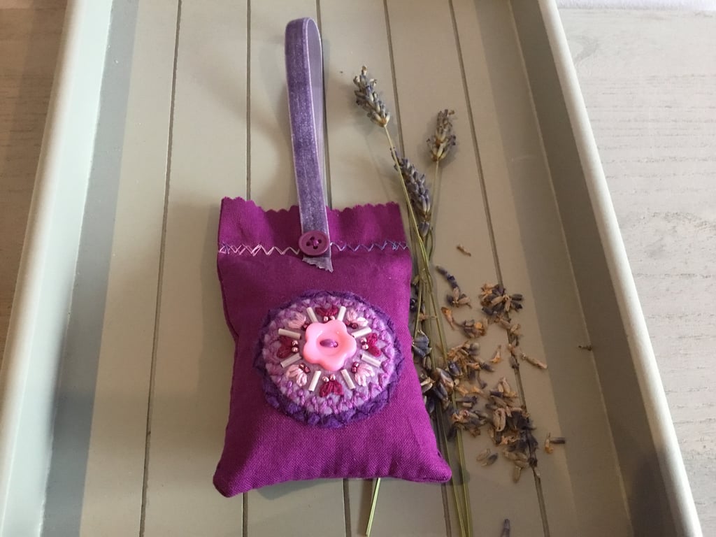 Hand Embroidered Flower Button Lavender Bag
